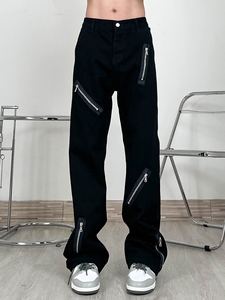 美式高街个性拉链设计感黑色牛仔裤男款潮流炸街宽松直筒休闲长裤
