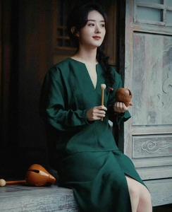 赵丽颖同款秋季新款时尚新中式国风禅意绿色上衣半身裙棉麻套装女