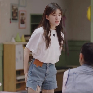 赵露思同款明星小爱心印花白色短袖t恤女桃心宽松纯棉情侣上衣夏