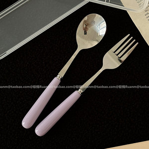 复古香芋紫酸奶勺沙拉叉陶瓷手柄不锈钢家用饭勺甜品叉勺家用餐具