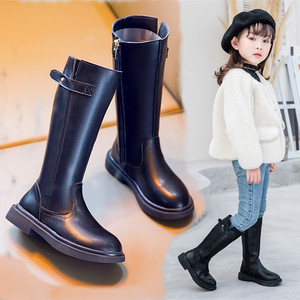 000人付款淘宝百丽冬季新款女童靴子黑色中大童高筒靴反绒皮加绒公主