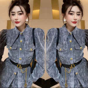网红同款条绒套装女2021冬季新款减龄泡泡袖尖领上衣潮帅气工装裤
