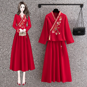 中国风红色唐装女装汉服改良旗袍上衣茶艺师服装秋冬古装女两件套
