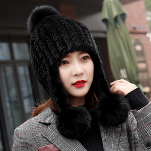 水貂编织帽女秋冬季新款貂帽女水貂帽子女狐狸毛三球护耳皮草女帽