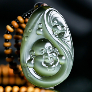 璞玉初心 天然新疆碧玉猫眼弥勒佛佛公吊坠挂件 附鉴定证书