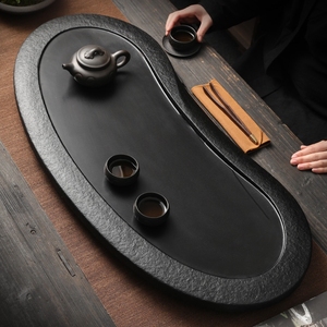 乌金石茶盘整块天然家用简约石头茶台排水茶具客厅大号半圆形定做