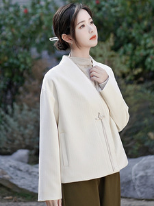新中式国风改良汉服v领短外套秋季白色百搭上衣文艺复古茶服外套