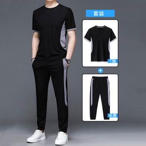 夏季冰丝短袖套装男高端休闲跑步运动两件套透气健身衣服男士t恤