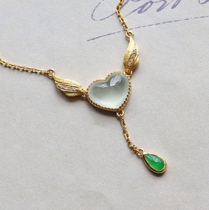 现货忆翠堂18k金镶嵌天然a货翡翠玉冰种爱心水滴女款锁骨链项链