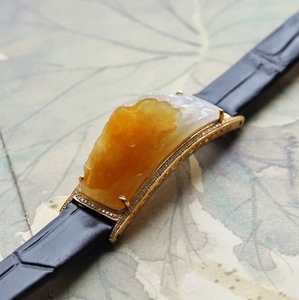 现货忆翠堂18k金镶天然a货翡翠玉飘黄翡俏色荷叶青蛙女款皮带手牌