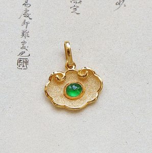 现货忆翠堂18k金镶嵌天然a货翡翠玉冰种蛋面复古如意女款吊坠