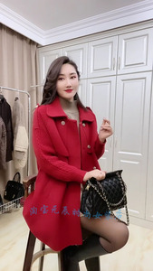红色毛呢外套秋冬款女士拼接长袖方领时尚韩版气质显瘦双面绒大衣