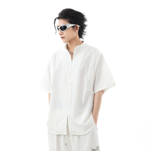新中式白色立领短袖衬衫男夏季复古高级垂感拉链cleanfit情侣衬衣