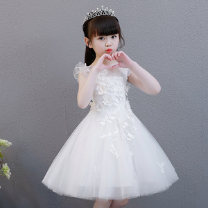 女童白色公主裙夏季蓬蓬纱连衣裙花童婚纱钢琴演出服儿童礼服裙子