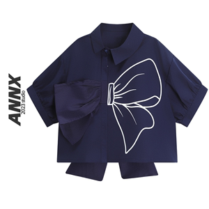 ANNX2024蝴蝶结女孩蓝色短袖不对称衬衫宽松显瘦别致小众上衣减龄
