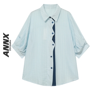ANNX2024复古港风拼色短袖衬衫女夏季宽松别致上衣气质不规则门襟