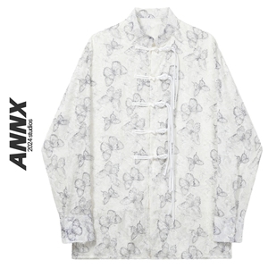 ANNX2024新中式蝴蝶绣花立领盘扣设计感长袖衬衫女气质复古上衣