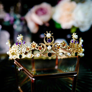 欧美大气整圈圆形复古巴洛克皇冠头饰超仙新娘生日王冠镀金金色闪