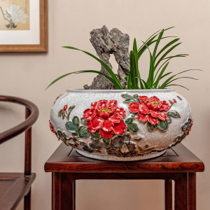 陶一峰精品 棋子盆手工贴花陶瓷兰花盆石湾传统中式釉彩蝴蝶山水