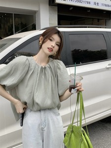 2024年新款韩版女装圆领纯色泡泡袖上衣夏季宽松雪纺娃娃衫衬衫潮