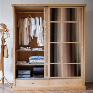 掬涵 白蜡木衣柜实木推拉门家用卧室衣物收纳柜衣橱家具北欧日式