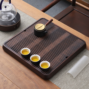 竹制胡桃色序言储排两用茶盘家用简约正方形干泡茶台茶海茶具配件