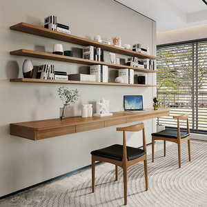 靠墙壁挂式悬空书桌书架组合原木欧式长条实木带抽屉电脑桌办公桌