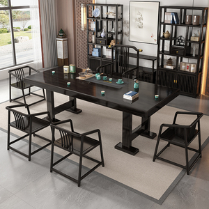新中式实木大板茶桌椅组合黑檀色茶台茶几一体办公室家用整套茶具
