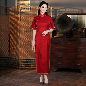 华族经典旗袍女夏季改良版复古民国风气质优雅红色提花罗连衣裙