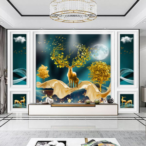 20d时尚发财鹿电视背景墙壁纸18d自带五宫格水晶墙布立体客厅壁画