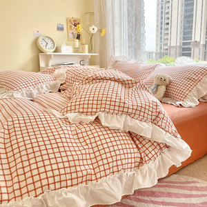 橙色小格子四件套夏季公主风全棉纯棉花边被套床单春秋床笠款床上