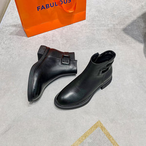 格丽斯2021冬季新款软底真皮黑色切尔西筒靴女短靴女鞋