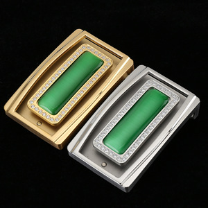 8不锈钢皮带平滑板扣水钻镶嵌绿色猫眼玉石裤腰带头高档新款