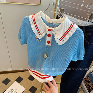 法式甜美娃娃领蓝色刺绣短袖针织衫女夏装设计感小众冰丝短款上衣