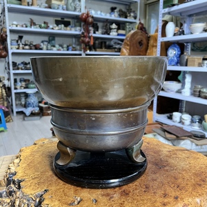 日本回流铜器火钵家用办公室茶室文玩收藏重4810克三足为粘接修复