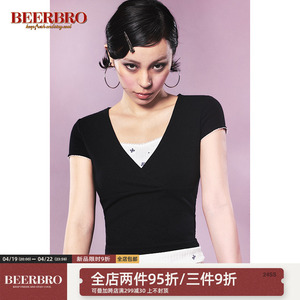 BeerBro 甜辣风高弹修身短袖上衣夏季新款叠穿感辣妹针织两件套