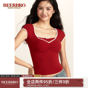 BeerBro 美式复古甜辣风蝴蝶结蕾丝花边紧身显瘦假两件T恤上衣女