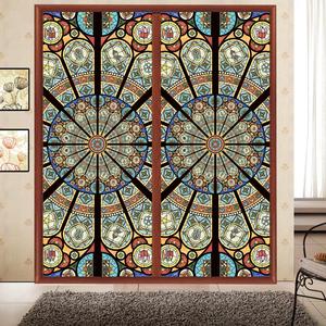 欧式彩色复古教堂彩绘艺术静电磨砂玻璃贴膜衣橱柜窗户窗花贴纸