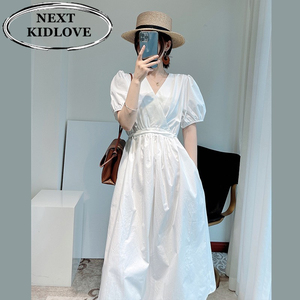 日本代购夏季新款法式复古收腰长裙女白色泡泡袖v领衬衫连衣裙女