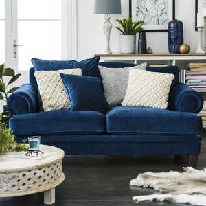 法式中古宝蓝色高背丝绒布艺美式复古设计师款民宿直排三人沙发椅