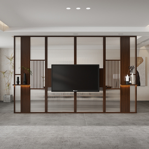 现代轻奢家用客厅餐厅钢化玻璃屏风隔断新中式实木电视柜背景墙