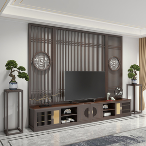 新中式实木电视柜一体组合墙中式客厅隔断背景柜定制影视柜简约