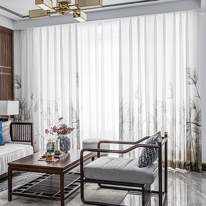 中国风新中式窗帘成品数码印花雪纺纱帘客厅阳台落地窗书房窗纱帘