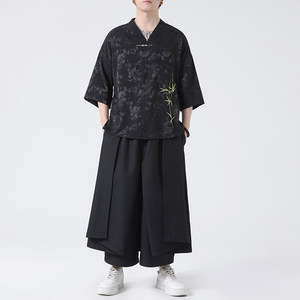新中式国风汉服裙裤套装男高级感假两件不规则双层剑道武士裤一套