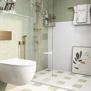 奶白色搭配牛油果绿色卫生间墙砖地砖绿色尾葵布纹个性卫生间瓷砖