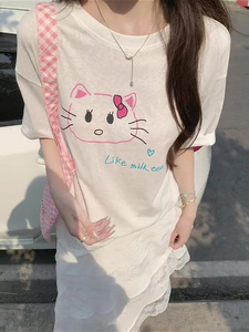 韩系甜美圆领套头卡通图案短袖t恤夏季新款女装减龄宽松显瘦上衣