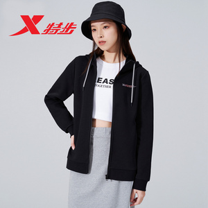 特步女运动针织上衣2022春季新款开衫连帽棉休闲外套978128940228