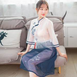 潮牌情趣内衣女性感复古旗袍修身透明民国风印花套装诱惑透视短裙