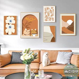 北欧风客厅装饰画治愈系沙发背景墙猫咪创意组合喷绘打印画芯挂画