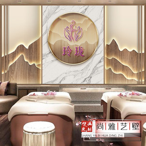 新中式美容店吧台背景墙纸养生会所采耳店装饰壁纸接待前台形象墙